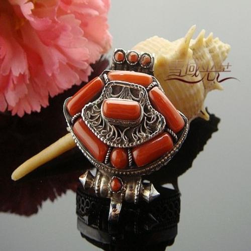 Handmade Tibetan Gau Box Red Coral Sterling Silver Pendant