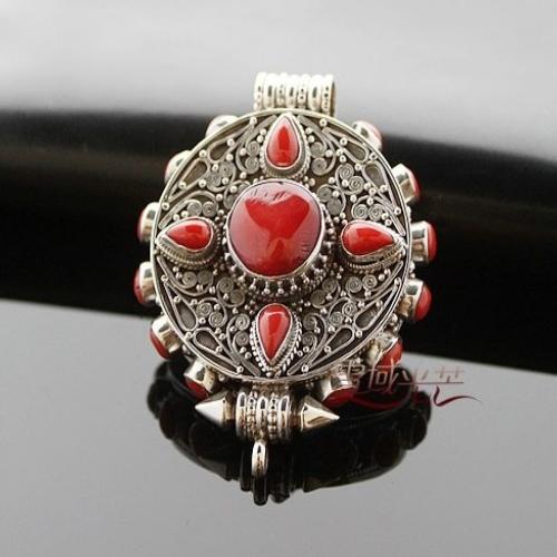 Handmade Tibetan Red Coral Sterling Silver Gau Pendant