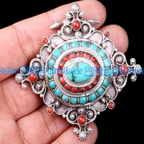 Tibetan Gau Box Pendant Handmade Tibetan Pendant - Double Stone
