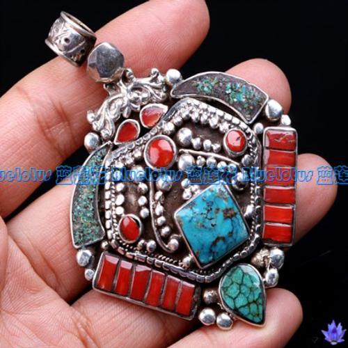 Tibetan Handmade Old Sterling Pendant Turquoise Coral Pendant