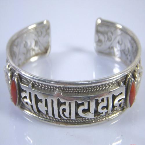 Tibetan Handmade Sterling Silver Red Coral OM Mantra Bracelet
