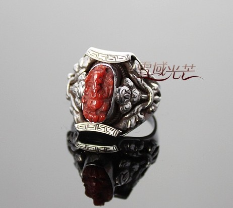Handmade Tibetan Coral Garnesh Ring Sterling Silver Ring