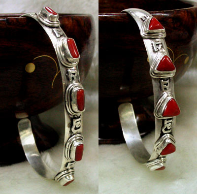 Handmade Tibetan Jewelry Coral Stirling Silver Bracelet