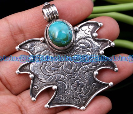 Handmade Tibetan Old Silver Turquoise Dragon Pendant