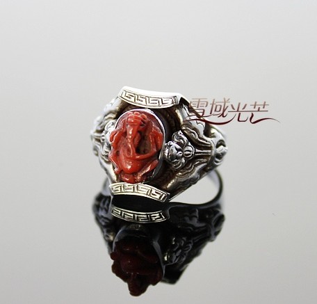 Handmade Tibetan Ring Sterling Silver Red Coral Garnesh Ring