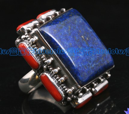 Handmade Tibetan Sterling Silver Lapis Lazuli Coral Ring