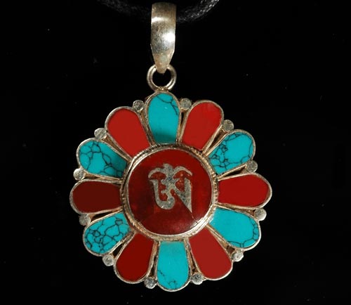 Handmade Tibetan Sterling Silver OM Buddhist Symbol Turquoise And Coral Pendant