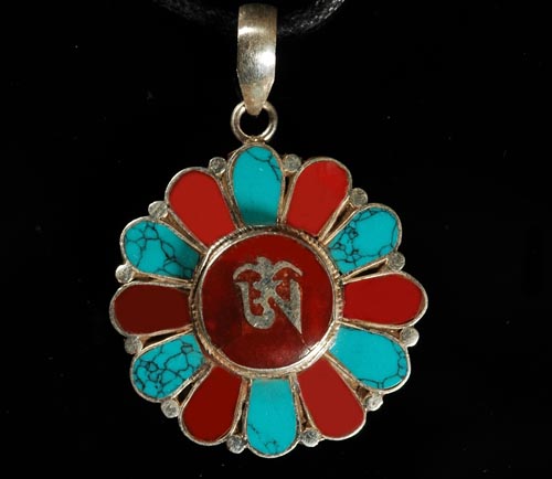 Handmade Tibetan Sterling Silver OM Buddhist Symbol Turquoise And Coral Pendant