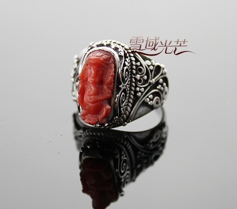 Handmade Tibetan Sterling Silver Red Coral Garnesh Ring