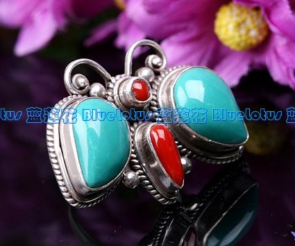 Handmade Tibetan Sterling Silver Turquoise Butterfly Ring