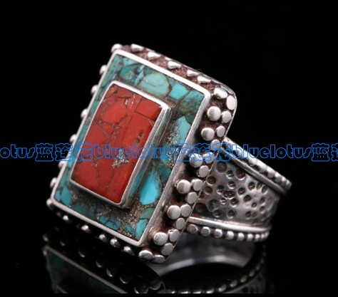 Handmade Tibetan Sterling Silver Turquoise Coral Ring