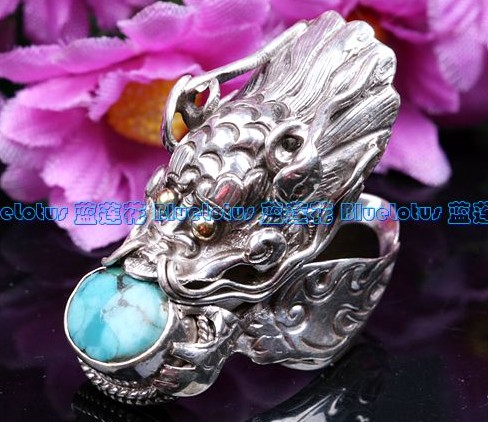 Handmade Tibetan Sterling Silver Turquoise Dragon Ring