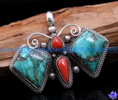 Handmade Tibetan Turquoise Coral Butterfly Pendant