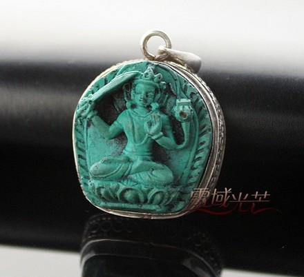 Handmade Tibetan Turquoise Manjushri Buddha Gau Box Pendant