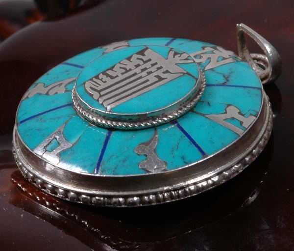 Handmade Tibetan  Klachakra Turquoise Stirling Silver Gau Pendant