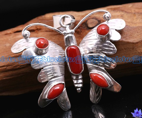 Tibetan Handmade Coral Sterling Butterfly Pendant