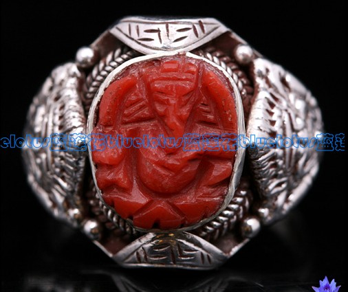Tibetan Handmade Ring Sterling Silver Red Coral Buddha Ring