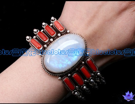 Tibetan Handmade Sterling Bracelet Tibetan Coral Moonstone Bracelet