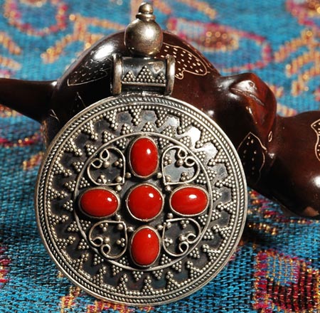 Tibetan Handmade Sterling Silver Coral Pendant