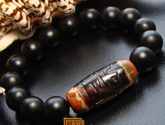 Tibetan Natural OLD DZI Obsidian Beads Bracelet