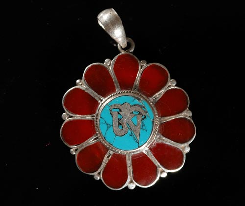 Handmade Tibetan Turquoise Coral Om Pendant Necklace