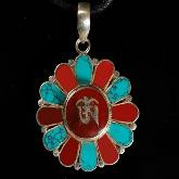 Handmade Tibetan Sterling Silver OM Buddhist Symbol Turquoise And Coral Pendant
