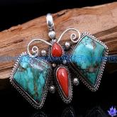 Handmade Tibetan Turquoise Coral Butterfly Pendant