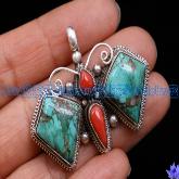 Handmade Tibetan Turquoise Coral Butterfly Pendant