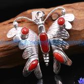 Tibetan Handmade Coral Sterling Butterfly Pendant