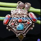 Tibetan Handmade Old Sterling Pendant Turquoise Coral Pendant