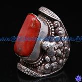 Tibetan Handmade Sterling Silver Coral Ring - Lotus