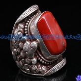 Tibetan Handmade Sterling Silver Coral Ring - Lotus
