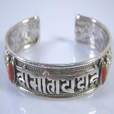 Tibetan Handmade Sterling Silver Red Coral OM Mantra Bracelet