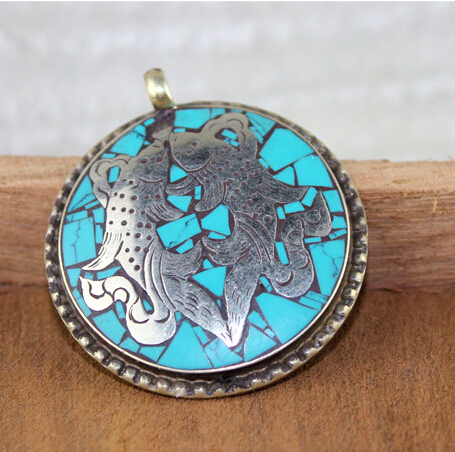 Nepal Handmade Copper Turquoise Double Fish Pendant Nepal Handmade Copper Turquoise Double Fish Pendant