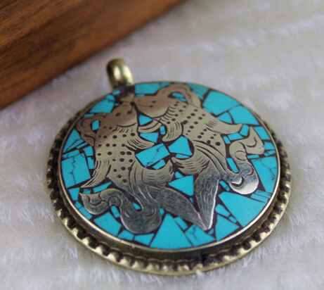 Nepal Handmade Copper Turquoise Double Fish Pendant Nepal Handmade Copper Turquoise Double Fish Pendant
