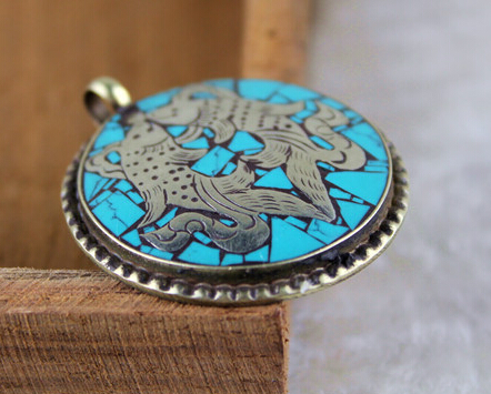 Nepal Handmade Copper Turquoise Double Fish Pendant Nepal Handmade Copper Turquoise Double Fish Pendant