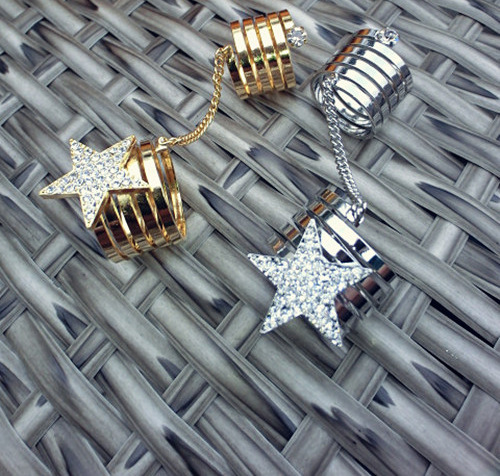 Fashion Cute Gold Jewels - Crystal Quartz Diamonds Star Knuckle Double Rings With Chain Fashion Cute Gold Jewels - Crystal Quartz Diamonds Star Knuckle Double Rings With Chain