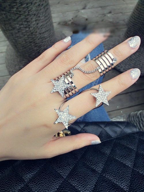 Fashion Cute Gold Jewels - Crystal Quartz Diamonds Star Knuckle Double Rings With Chain Fashion Cute Gold Jewels - Crystal Quartz Diamonds Star Knuckle Double Rings With Chain