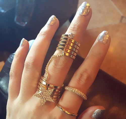 Fashion Cute Gold Jewels - Crystal Quartz Diamonds Star Knuckle Double Rings With Chain Fashion Cute Gold Jewels - Crystal Quartz Diamonds Star Knuckle Double Rings With Chain
