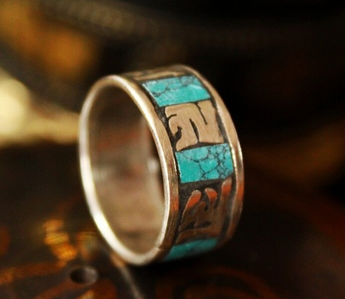 Handmade Tibetan Silver Turquoise Om Mani Padme Hum Ring Handmade Tibetan Silver Turquoise Om Mani Padme Hum Ring