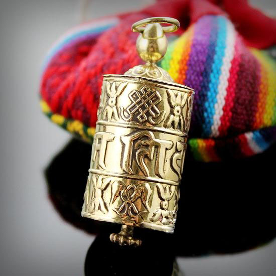 India Nepal Brass Mantra Prayer Wheel Pendant India Nepal Brass Mantra Prayer Wheel Pendant