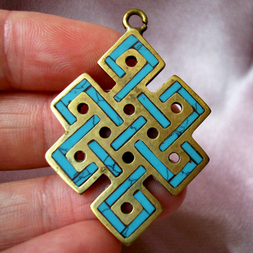 Handmade Nepal Handicrafts Brass And Turquoise Buddhist Auspicious Knots Pendant Handmade Nepal Handicrafts Brass And Turquoise Buddhist Auspicious Knots Pendant