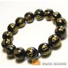Genuine 12mm Natural Black Agate Om Mani Padme Hum Beads Bracelet