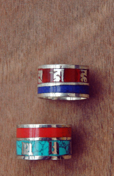 Handmade India Turquoise Red Coral Retro Style Tibet Silver Enamel Om Mani Padme Hum Ring Handmade India Turquoise Red Coral Retro Style Tibet Silver Enamel Om Mani Padme Hum Ring