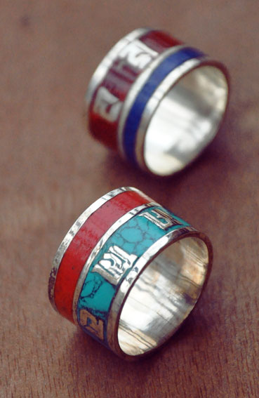 Handmade India Turquoise Red Coral Retro Style Tibet Silver Enamel Om Mani Padme Hum Ring Handmade India Turquoise Red Coral Retro Style Tibet Silver Enamel Om Mani Padme Hum Ring