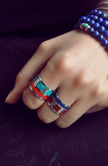 Handmade India Turquoise Red Coral Retro Style Tibet Silver Enamel Om Mani Padme Hum Ring Handmade India Turquoise Red Coral Retro Style Tibet Silver Enamel Om Mani Padme Hum Ring