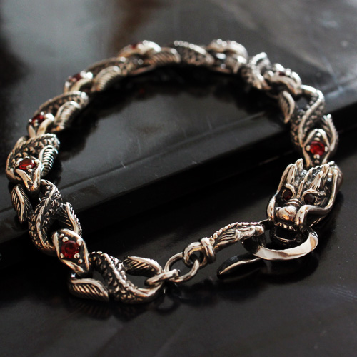 Retro Thailand 925 Silver Dragon Bracelet With Red Gem Retro Thailand 925 Silver Dragon Bracelet With Red Gem