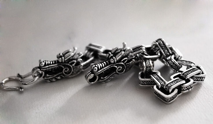 Handmade Evil Double Dragon Head 925 Silver Mens Bracelet Handmade Evil Double Dragon Head 925 Silver Mens Bracelet