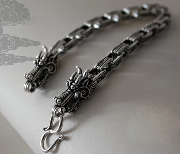 Handmade Evil Double Dragon Head 925 Silver Mens Bracelet Handmade Evil Double Dragon Head 925 Silver Mens Bracelet