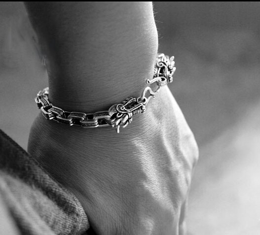Handmade Evil Double Dragon Head 925 Silver Mens Bracelet Handmade Evil Double Dragon Head 925 Silver Mens Bracelet
